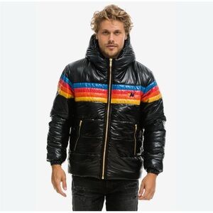 NEVER WORN- Men’s Aviator Nation 4 STRIPE LUXE TREKKER JACKET - GLOSSY BLACK